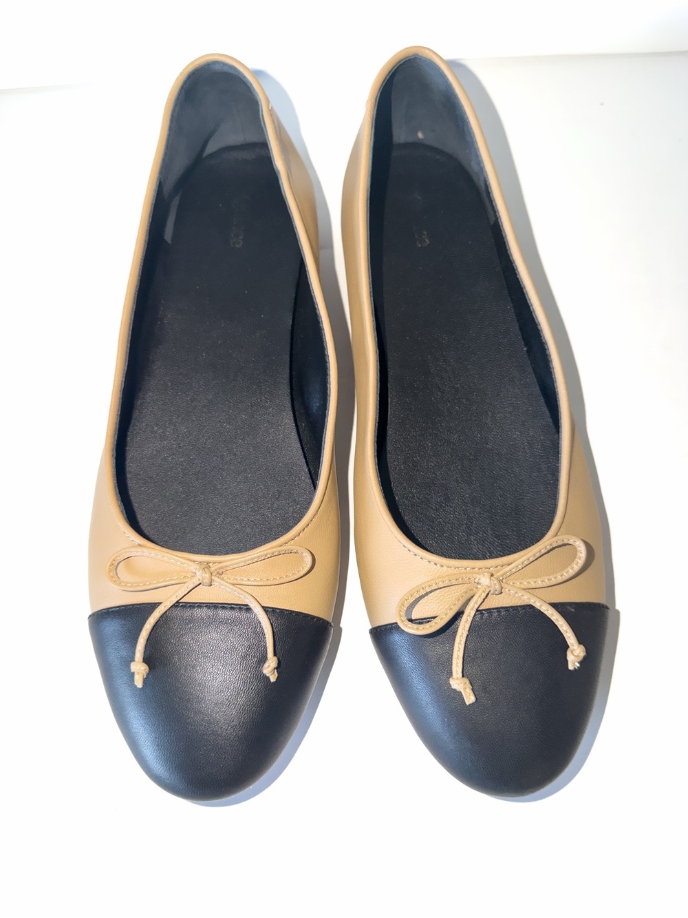 Quince Italian Leather Cap-Toe Ballet Flat Classic Two-Tone Bow Tan and Black 9 - Picture 4 of 12